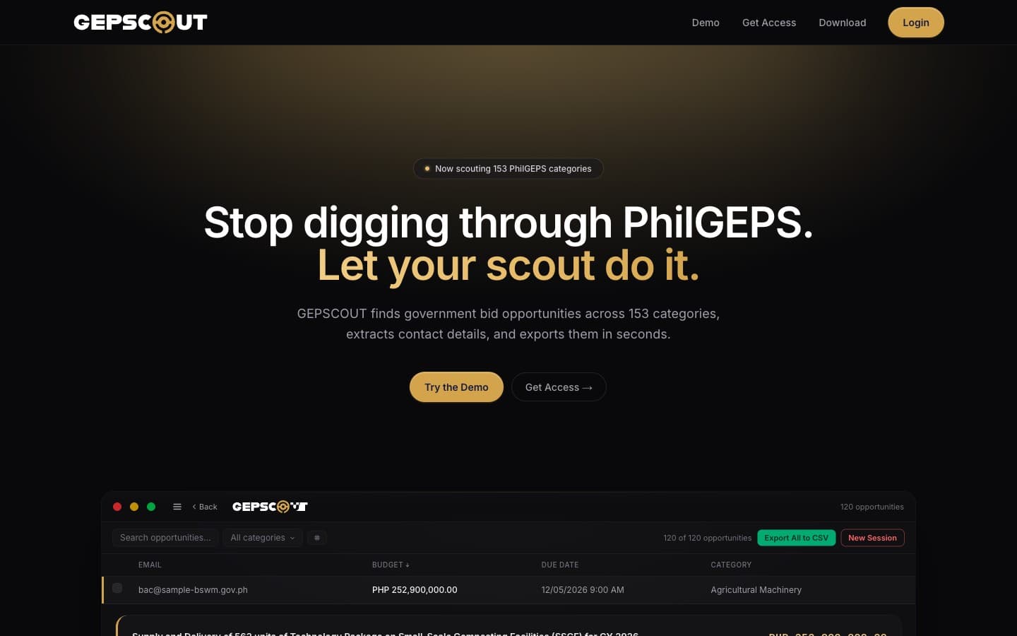 GEPSCOUT — bid opportunity scanner showing 150+ PhilGEPS categories