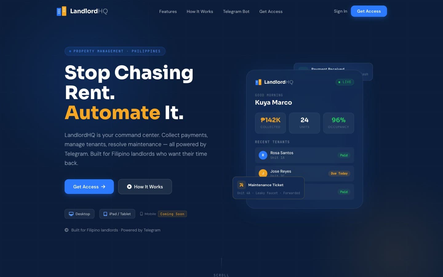 Landlord HQ — Telegram command center with tenant and rent dashboard